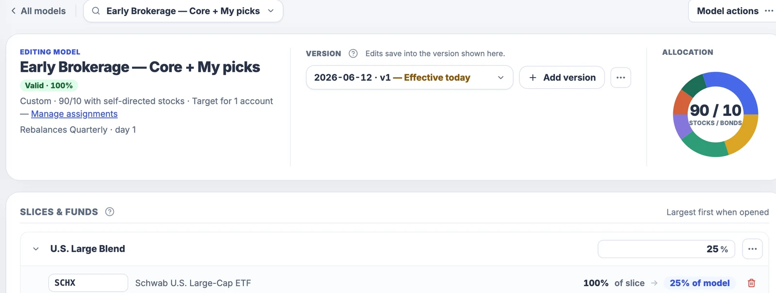 A target model: slices that total 100 percent, each filled by the funds you choose