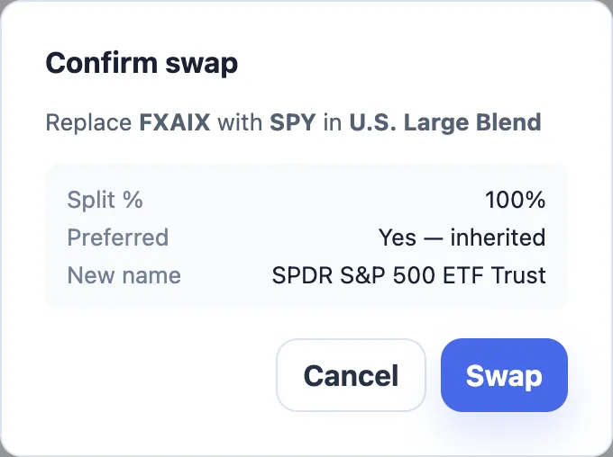 The Confirm swap dialog: swap a fund into a slice with Split percent, Preferred and New name