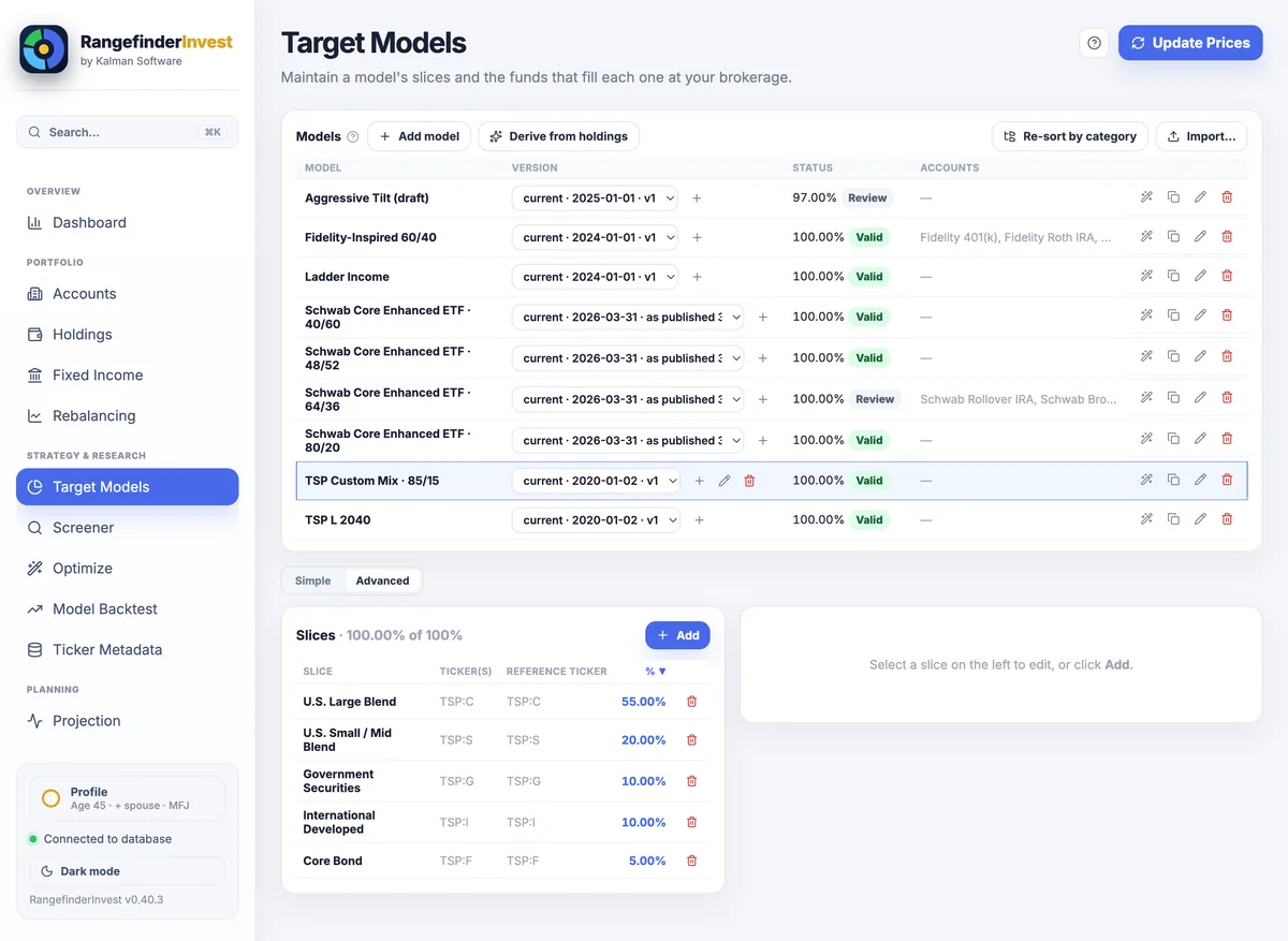 Target Models page with TSP Custom Mix · 85/15 selected, its five slices listed as U.S. Large Blend TSP:C 55%, U.S. Small/Mid Blend TSP:S 20%, Government Securities TSP:G 10%, International Developed TSP:I 10%, Core Bond TSP:F 5%, totalling a Valid 100%