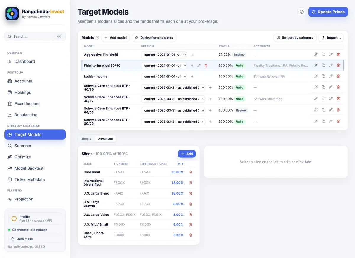 Target Models: a model with effective-dated versions, a 100% Valid badge and its slice breakdown