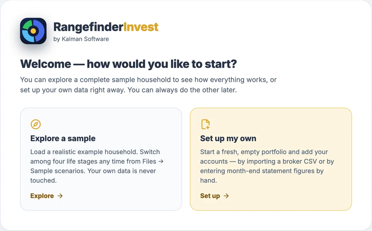 The first-run welcome screen with two choices: explore a complete sample household in seconds, or set up your own portfolio by importing a broker CSV or entering statement figures